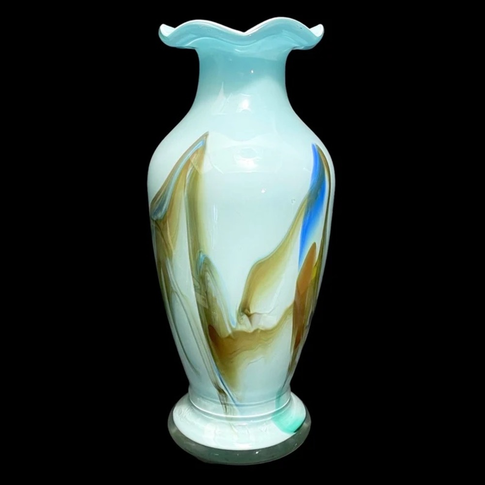 Vintage 1960s Dalian Art Glass Snowflake China Ruffled Marbled Urn Vase MCM Rare